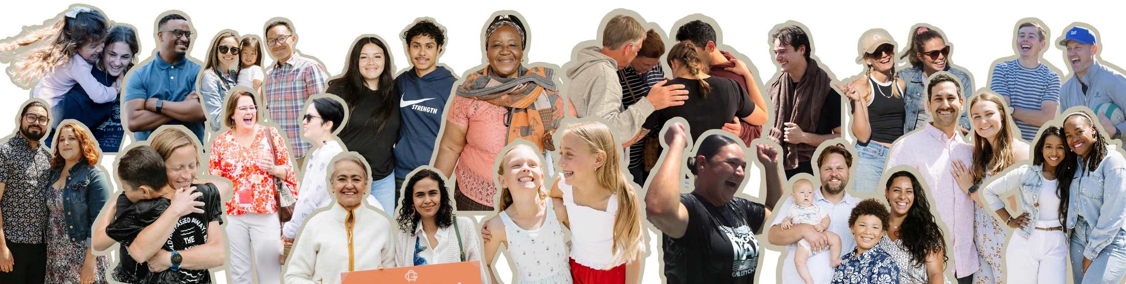 A wide collage banner featuring many diverse people of all ages and ethnicities smiling, laughing, hugging, and celebrating together outdoors.